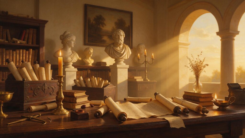 Mesa de estudos clássica com pergaminhos e velas iluminando o espaço de aprendizado de um educador
