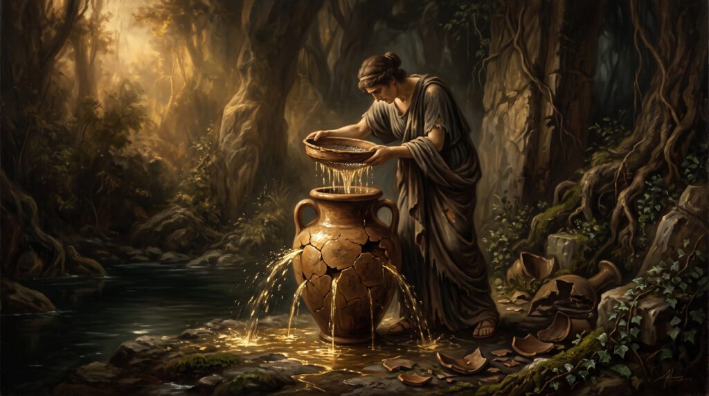 Figura clássica tentando encher um vaso de cerâmica furado com água representando o mito do tonel furado de Platão