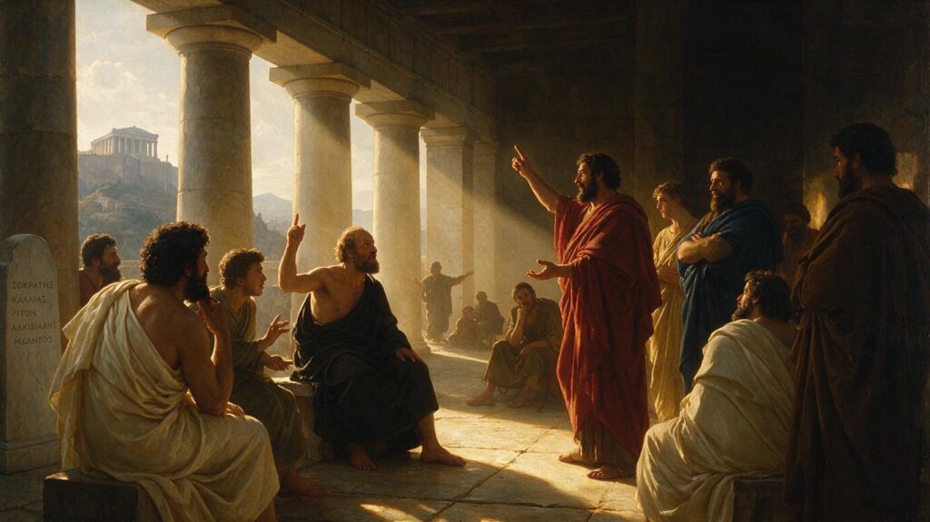 Pintura a óleo de Sócrates em debate com oradores em Atenas sobre o poder real e o cuidado da alma